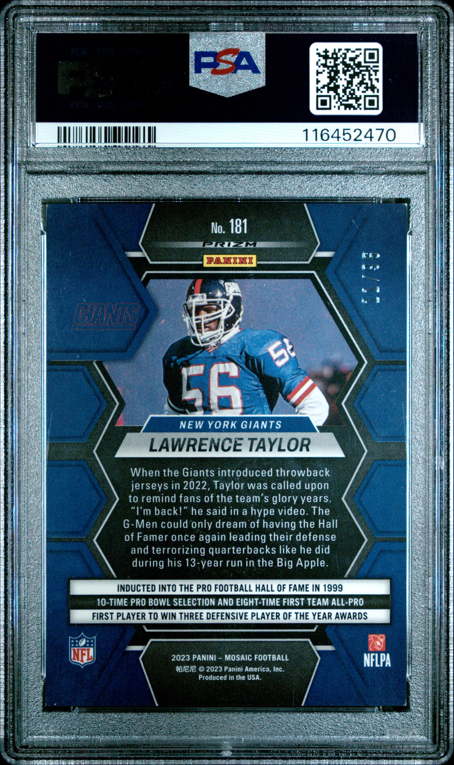 2023 Panini Mosaic #181 Lawrence Taylor Blue Sparkle PSA 8 — Back