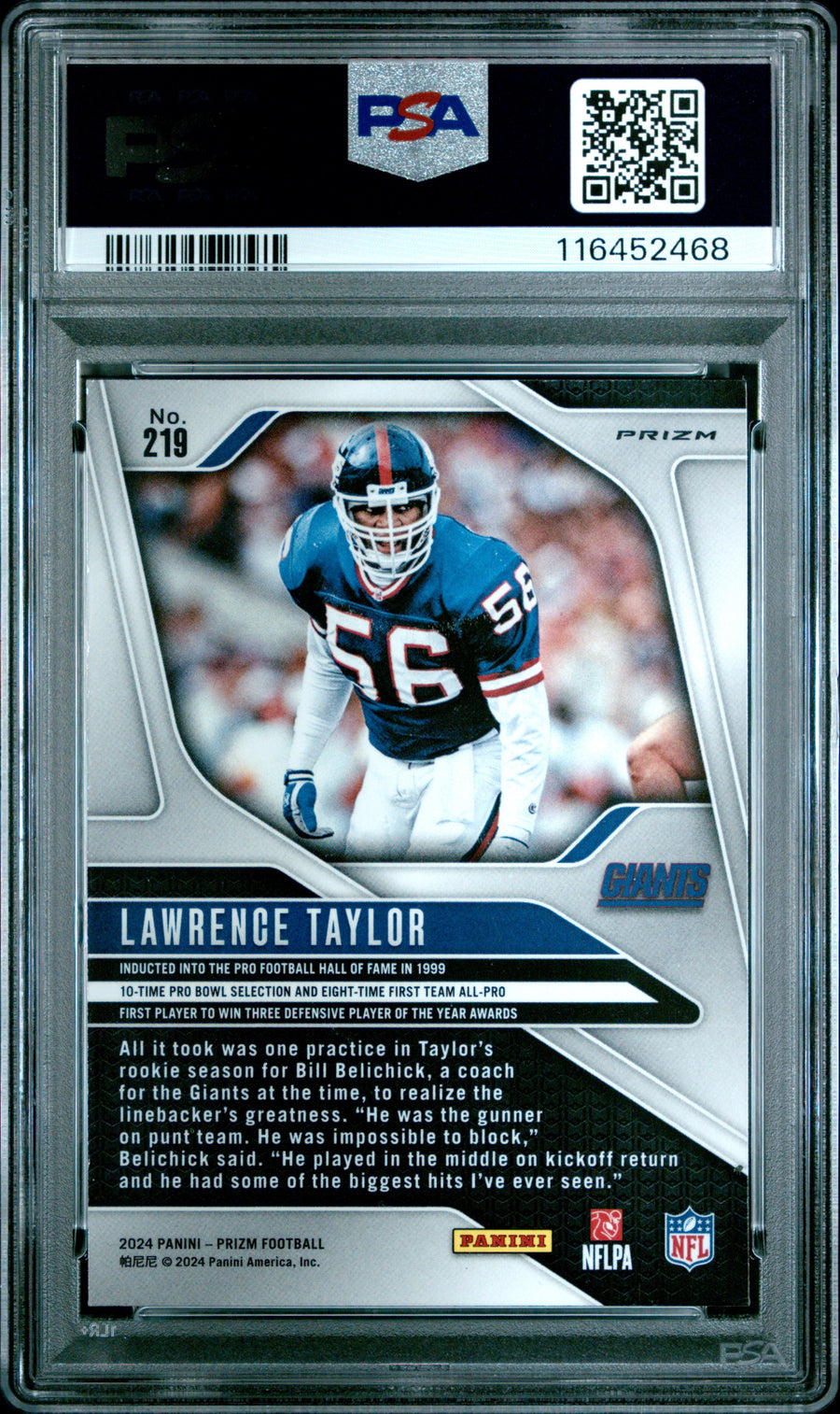 2024 Panini Prizm #219 Lawrence Taylor Red/White/Blue Prizm PSA 8 — Back