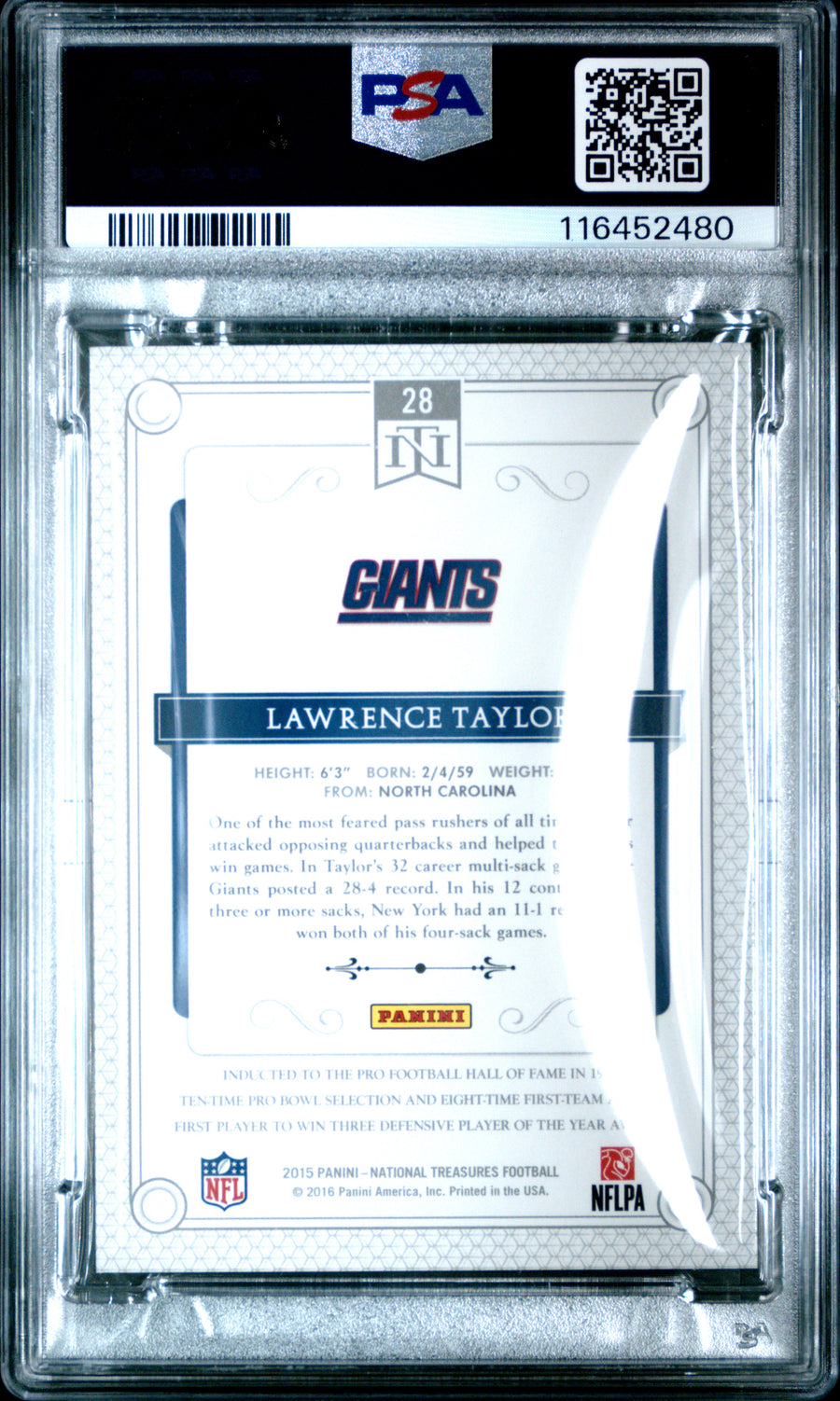2015 Panini National Treasures #28 Lawrence Taylor PSA 5 — Back