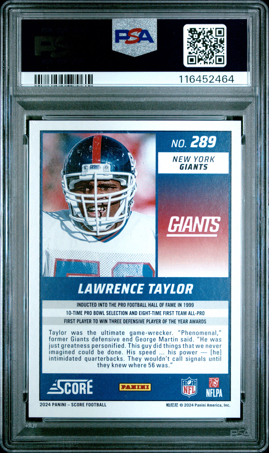 2024 Panini Score #289 Lawrence Taylor Cubic PSA 10 — Back