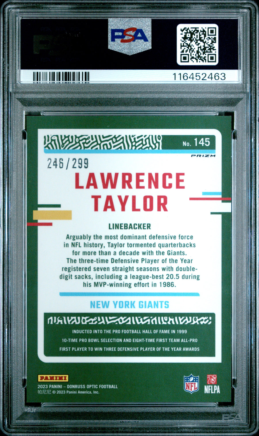 2023 Panini Donruss Optic #145 Lawrence Taylor Aqua PSA 9 CERT#116452463 — Back