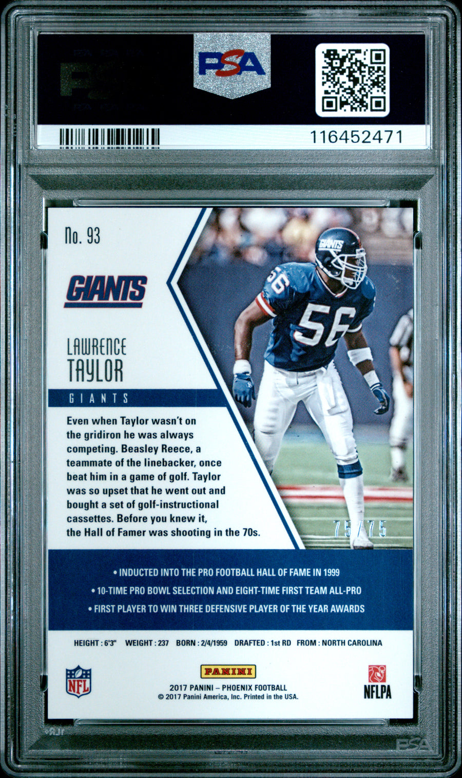 2017 Panini Phoenix #93 Lawrence Taylor Yellow PSA 9 — Back