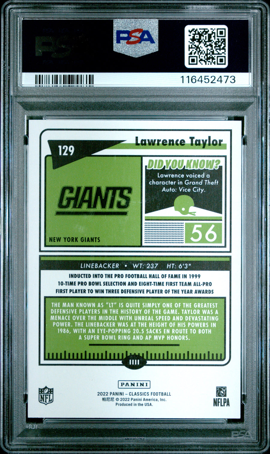 2022 Panini Classics #129 Lawrence Taylor Green Back PSA 9 — Back