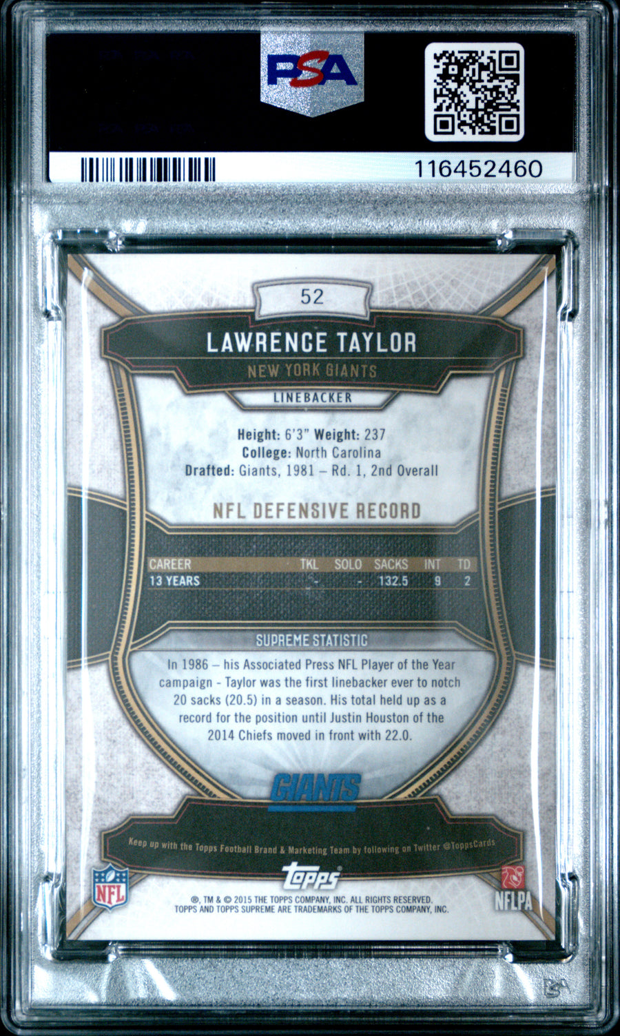 2015 Topps Supreme #52 Lawrence Taylor Green PSA 9 — Back