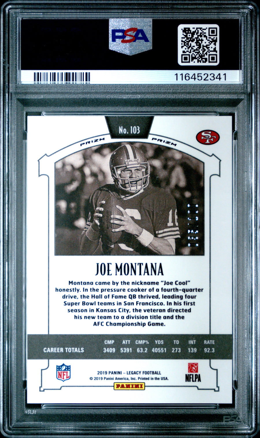2019 Panini Legacy #103 Joe Montana Premium Edition-Ruby PSA 9 — Back