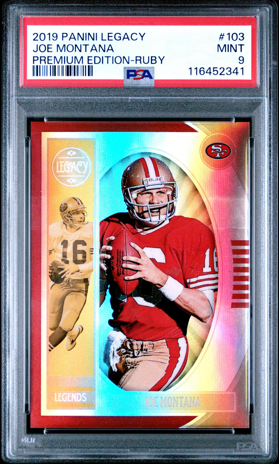 2019 Panini Legacy #103 Joe Montana Premium Edition-Ruby PSA 9 — Front