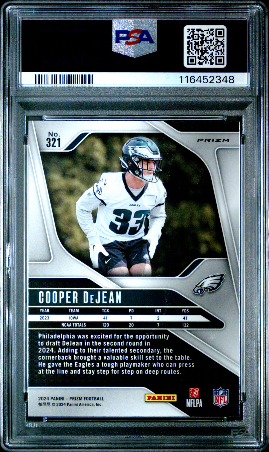 2024 Panini Prizm #321 Cooper Dejean Silver Prizm RC PSA 10 CERT#116452348 — Back