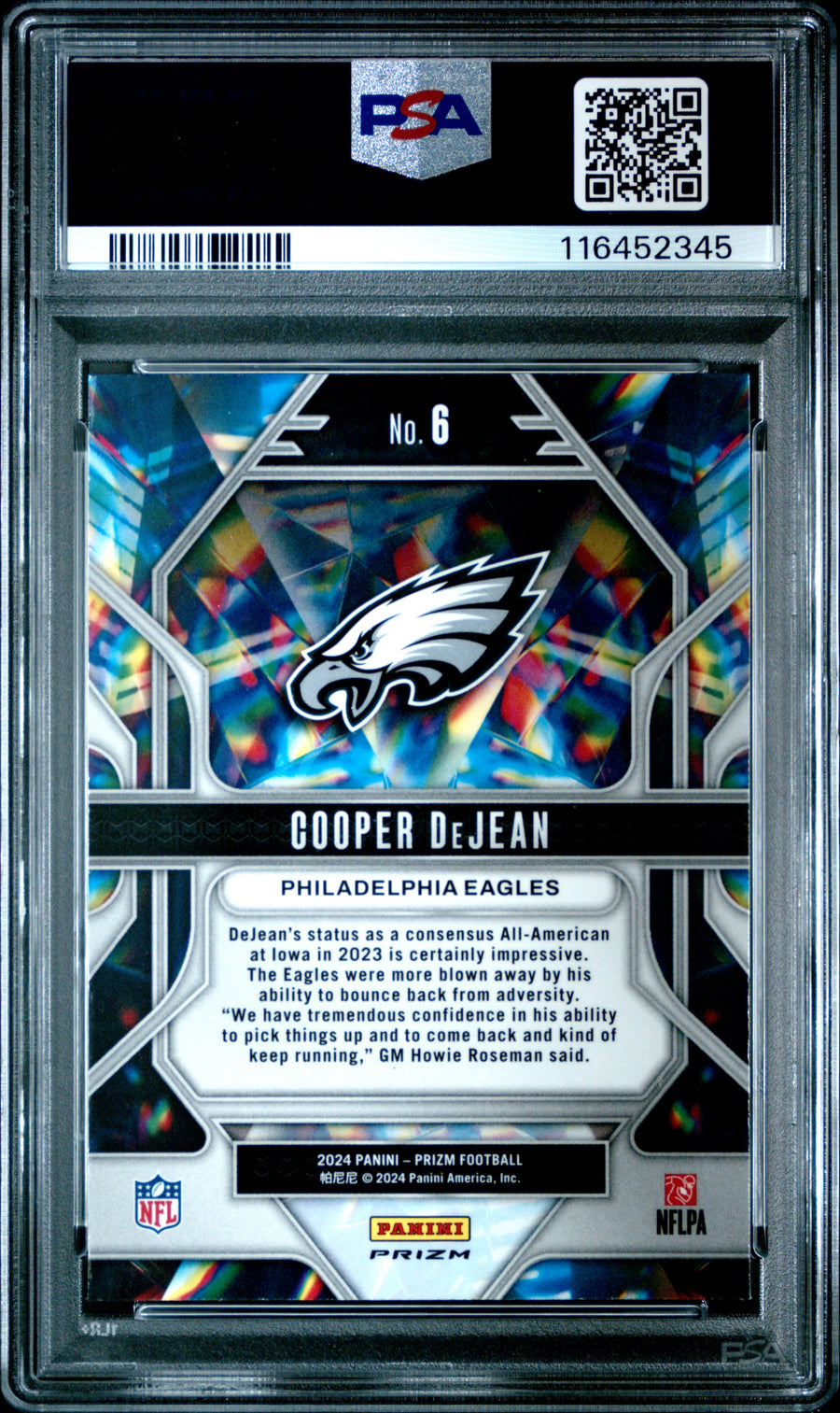 2024 Panini Prizm Prizmatic #6 Cooper Dejean Prizmatic-Green Prizm RC PSA 9 — Back