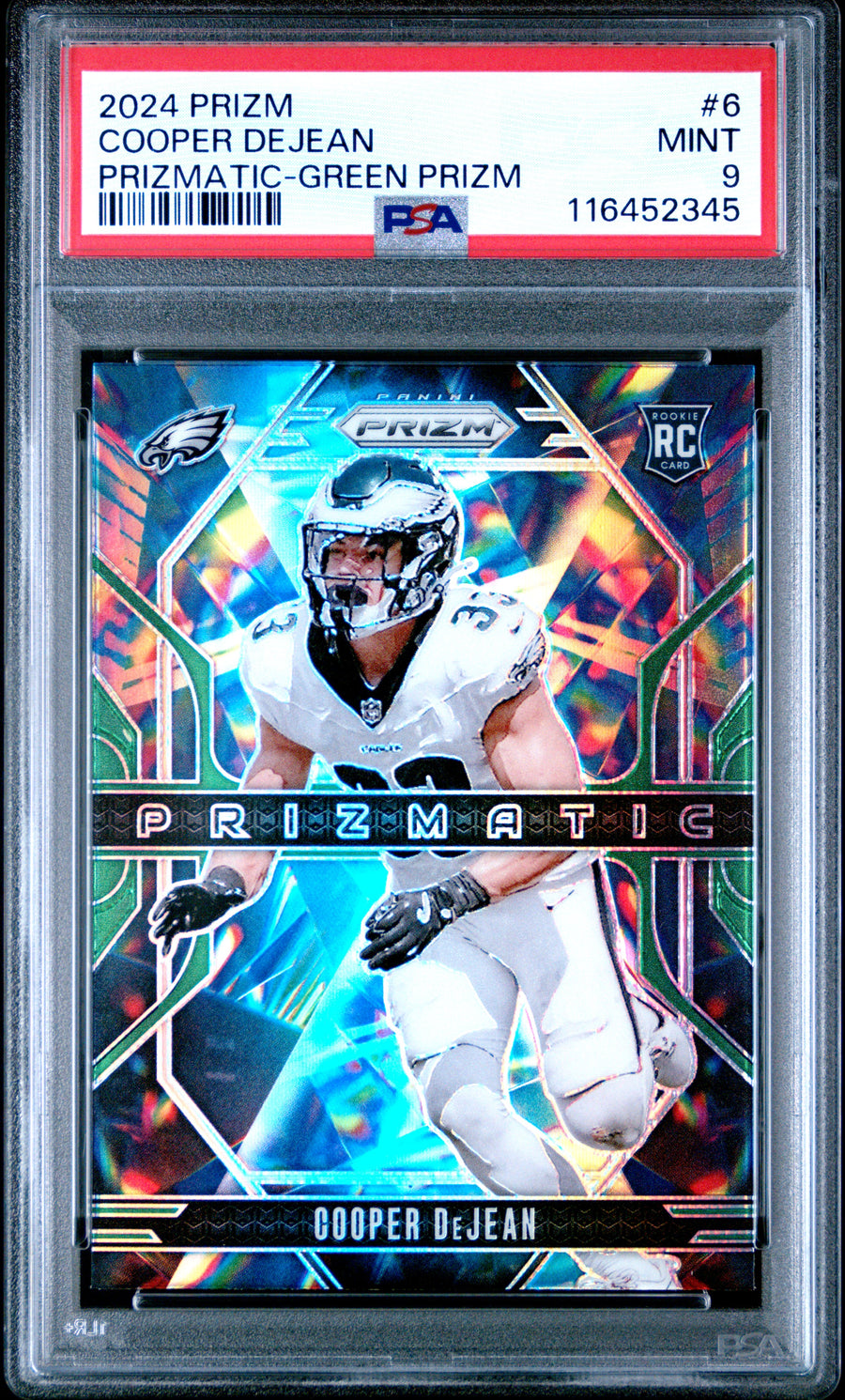 2024 Panini Prizm Prizmatic #6 Cooper Dejean Prizmatic-Green Prizm RC PSA 9 — Front