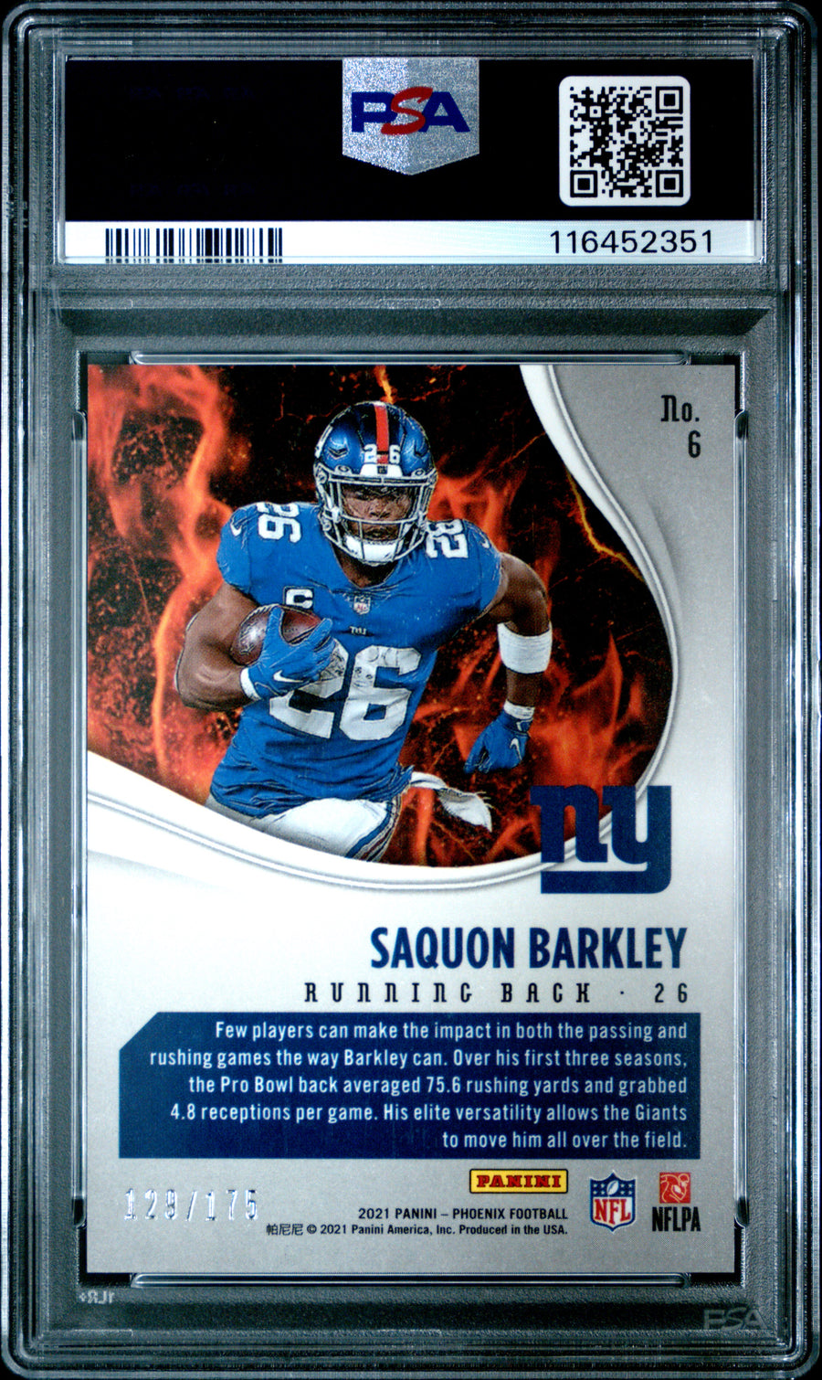 2021 Panini Phoenix Heat Wave #6 Saquon Barkley Heat Wave-Pink PSA 10 — Back