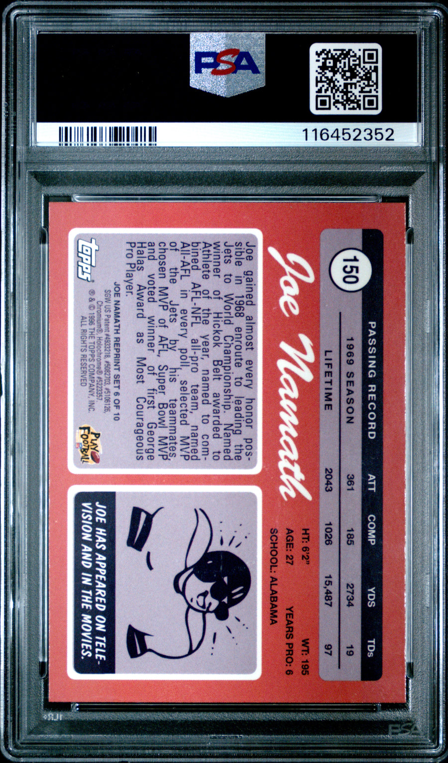 1996 Stadium Club #6 1970 Topps Reprint Namath Finest PSA 7 — Back