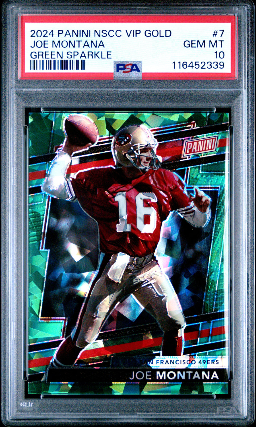 2024 Panini National Sports Collectors CON VIP Gold #7 Joe Montana Green Sparkle PSA 10 — Front