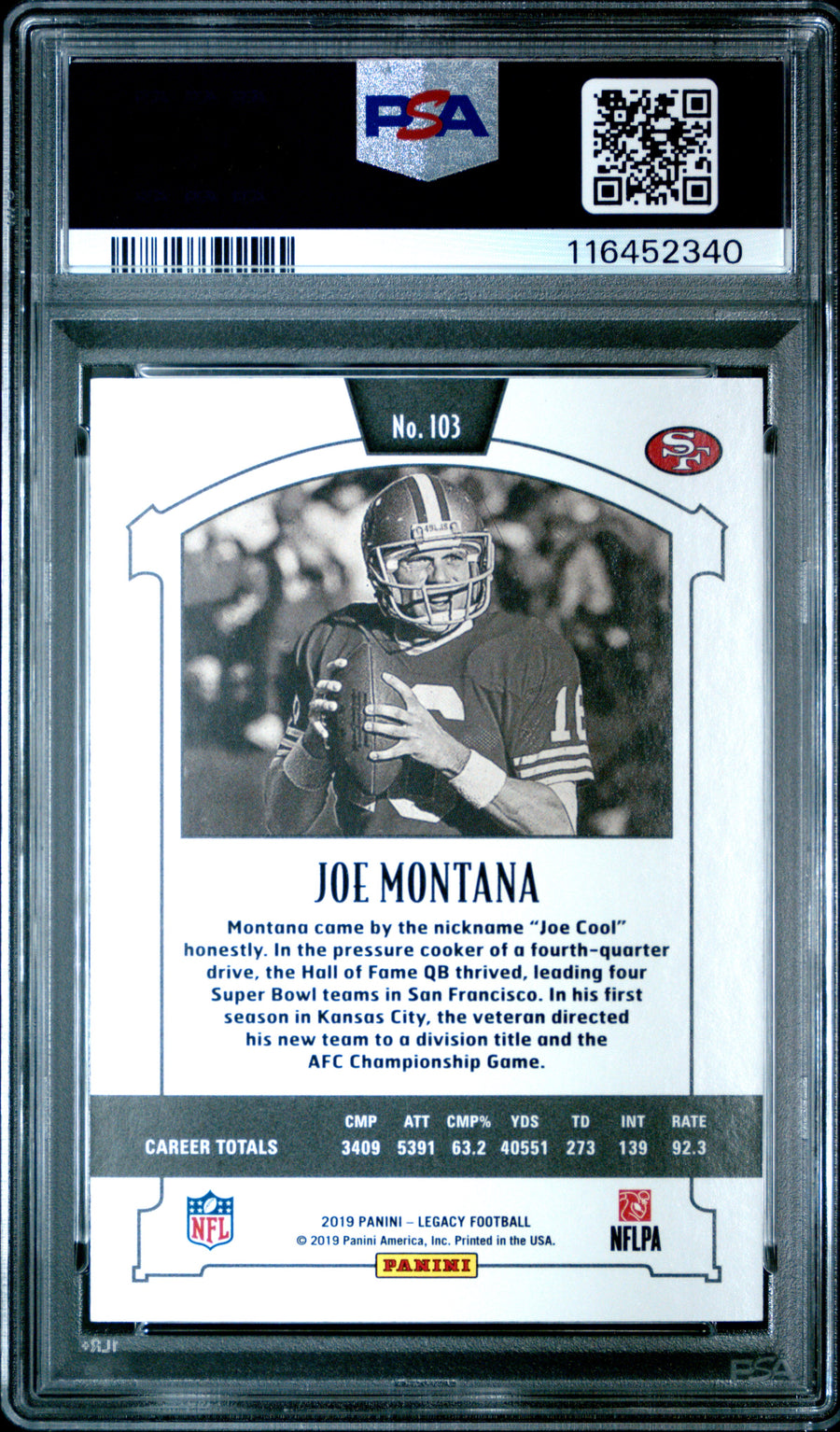 2019 Panini Legacy #103 Joe Montana Orange PSA 8 — Back