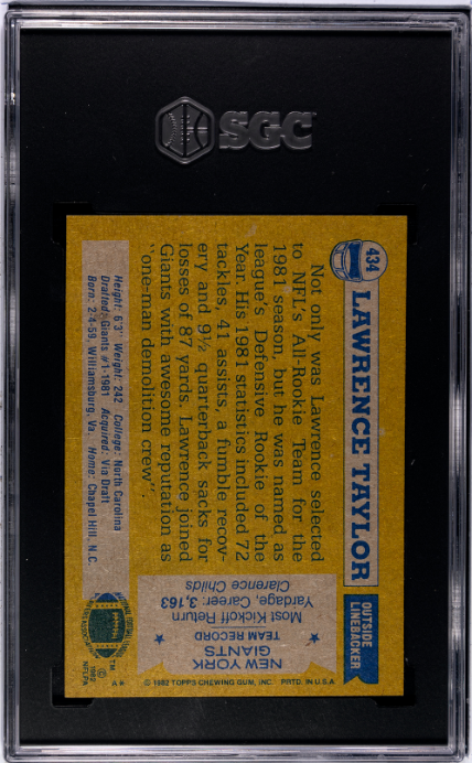 1982 Topps #434 Lawrence Taylor SGC 8.5 — Back