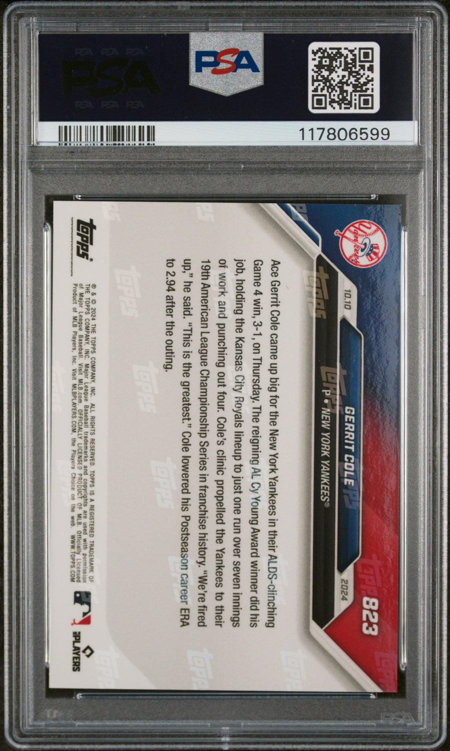 (6)2024 Topps Now #823 Gerrit Cole PSA 10 — Back
