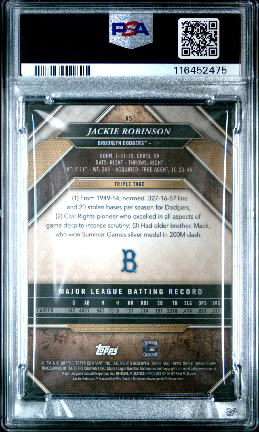 2017 Topps Triple Threads #65 Jackie Robinson Gold PSA 8 — Back