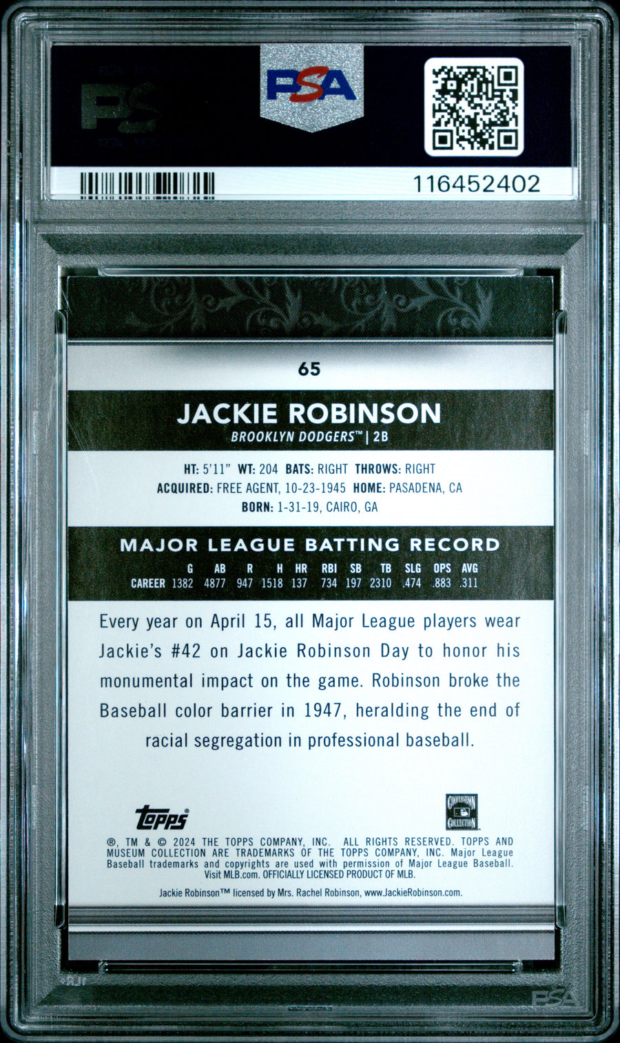 2024 Topps Museum Collection #65 Jackie Robinson Gold PSA 8 — Back