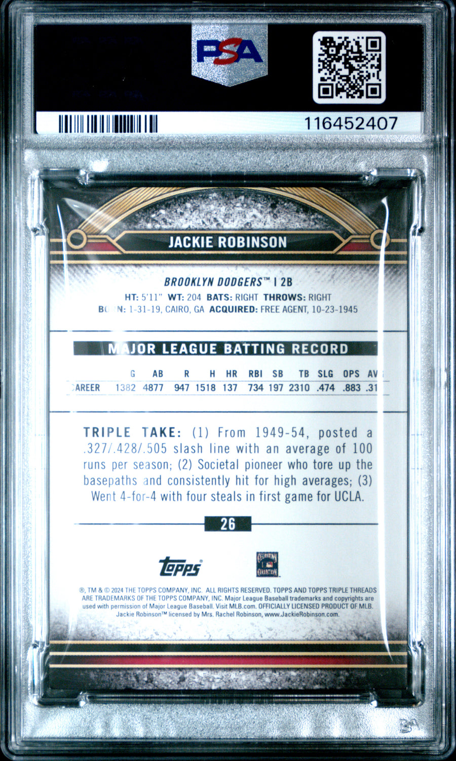 2024 Topps Triple Threads #26 Jackie Robinson Aquamarine PSA 8 — Back