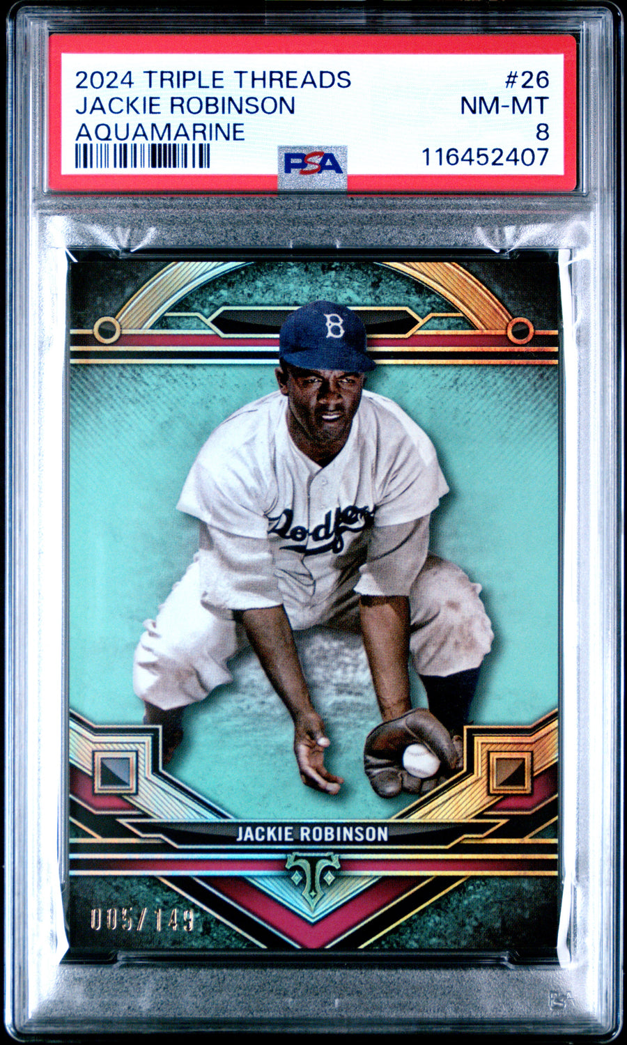 2024 Topps Triple Threads #26 Jackie Robinson Aquamarine PSA 8 — Front
