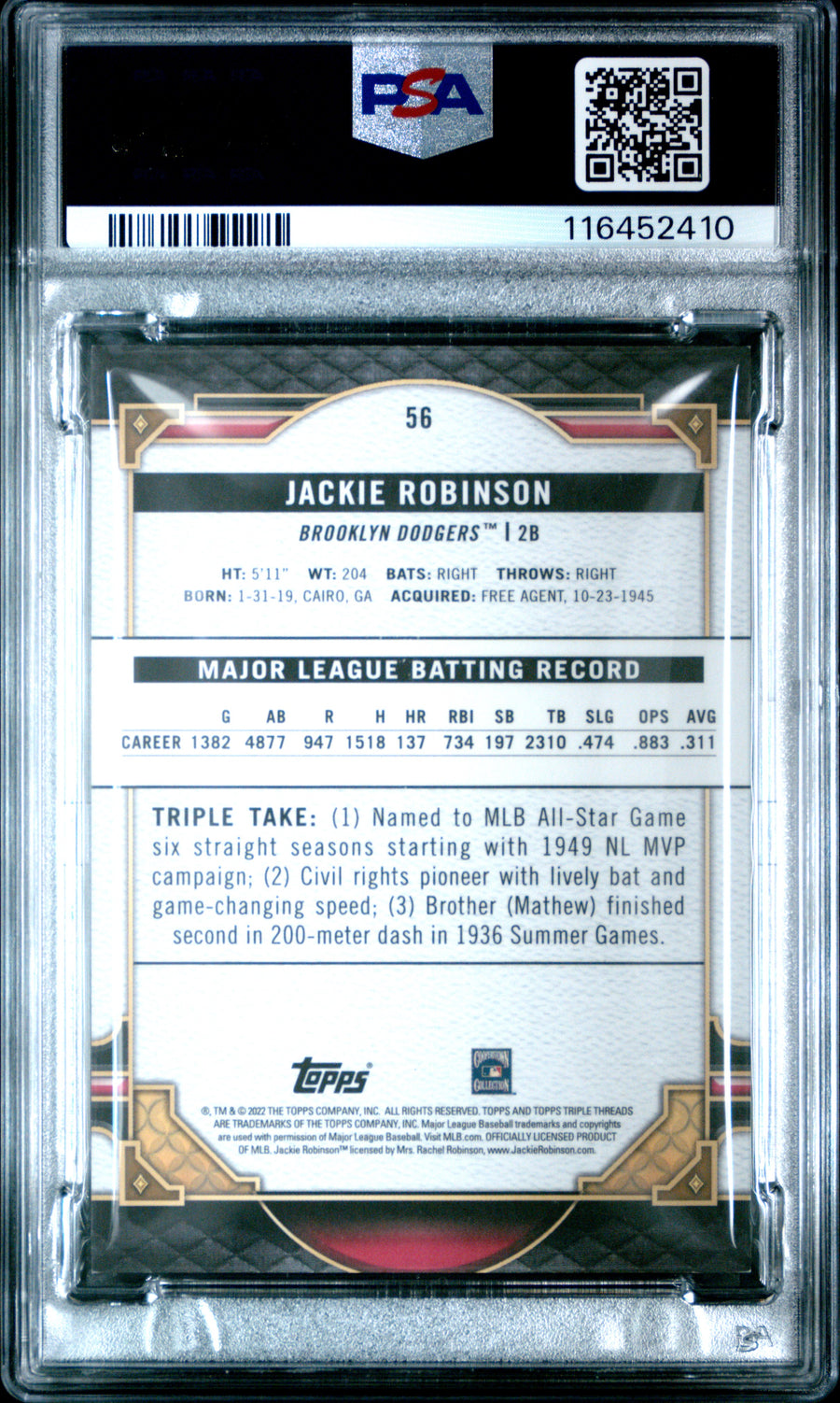 2022 Topps Triple Threads #56 Jackie Robinson Aquamarine PSA 8 — Back