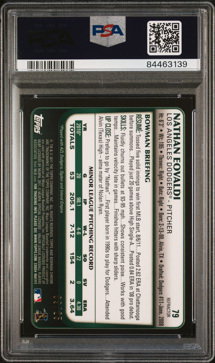 2011 Bowman Chrome Draft #79 Nathan Eovaldi Draft-Orange Refractor RC PSA 9 — Back