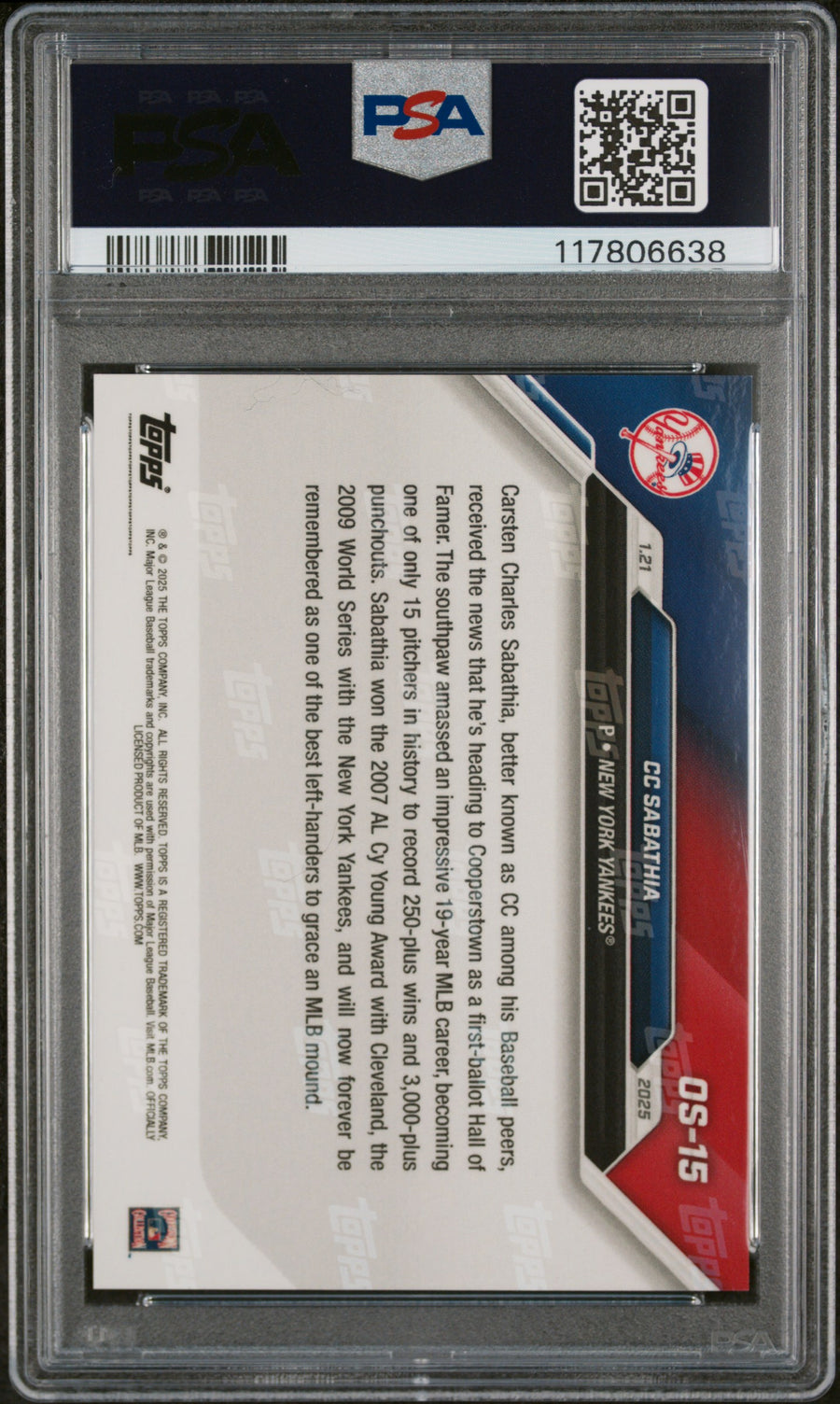 2024 Topps Now Offseason #OS15 Cc Sabathia PSA 10 — Back