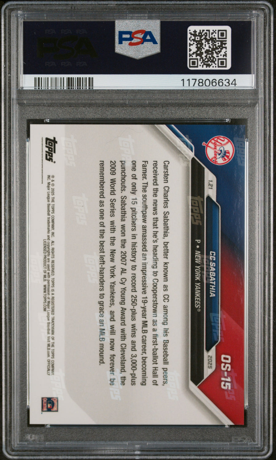 (1)2024 Topps Now Offseason #OS15 Cc Sabathia PSA 10 — Back