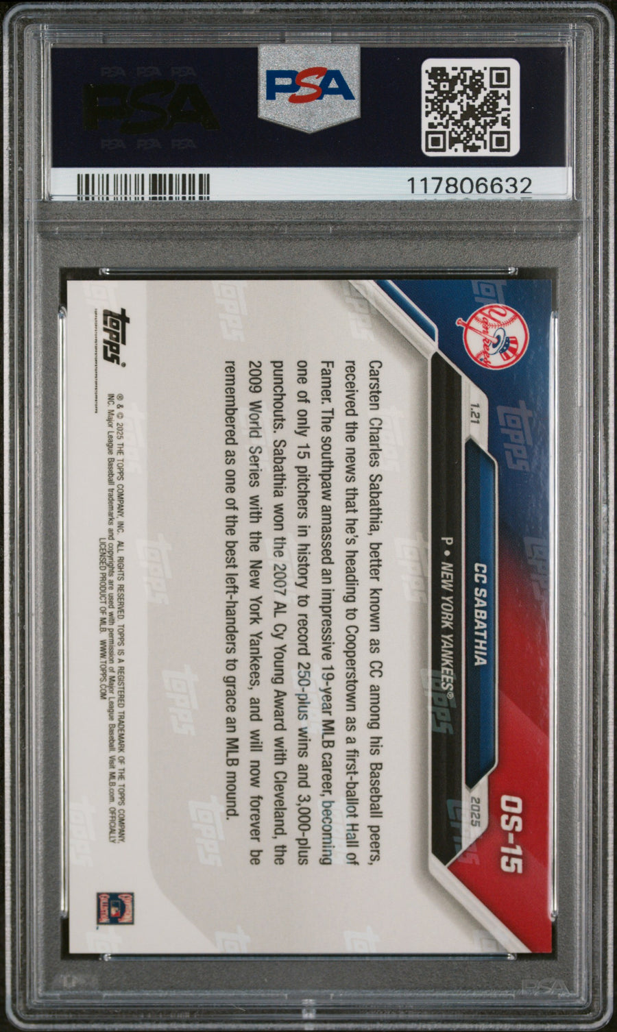 (2)2024 Topps Now Offseason #OS15 Cc Sabathia PSA 10 — Back