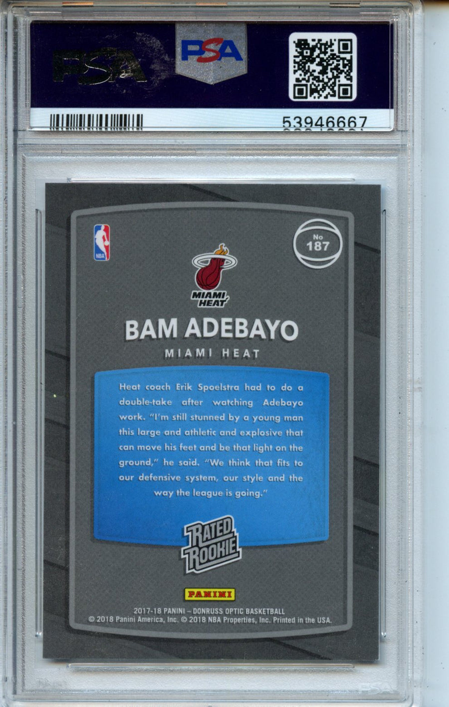2017 Panini Donruss Optic #187 Bam Adebayo Red/Yellow RR PSA 8 — Back
