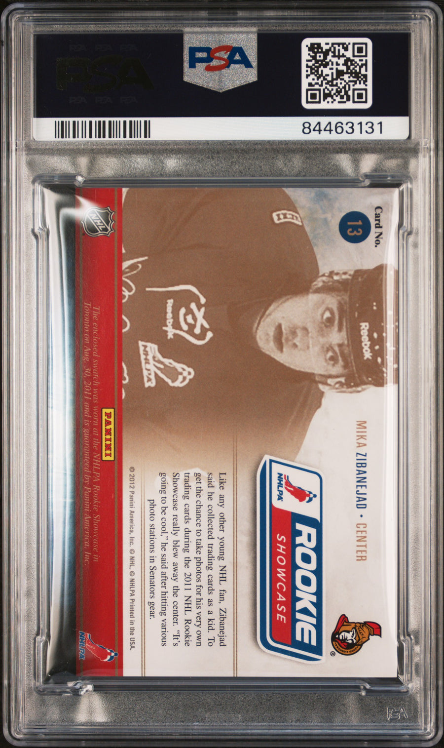 2011 Panini Prime #13 Mika Zibanejad Showcase Prime Colors RP PSA 8 — Back