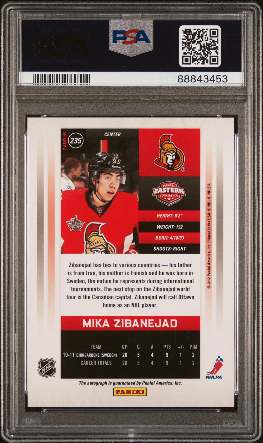 2011 Panini Contenders #235 Mika Zibanejad Autograph PSA 10 — Back