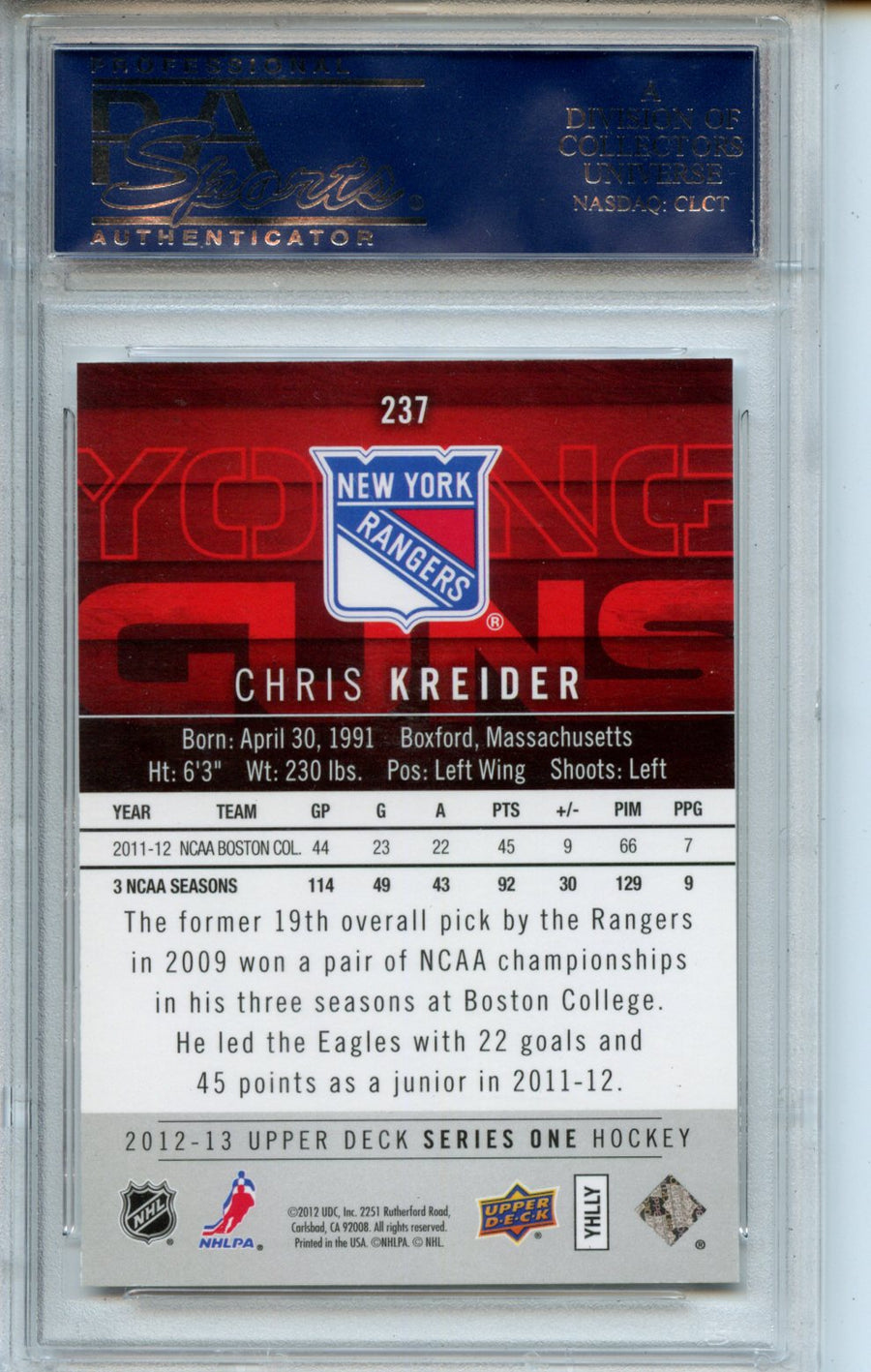 2012 Upper Deck #237 Chris Kreider PSA 10 — Back