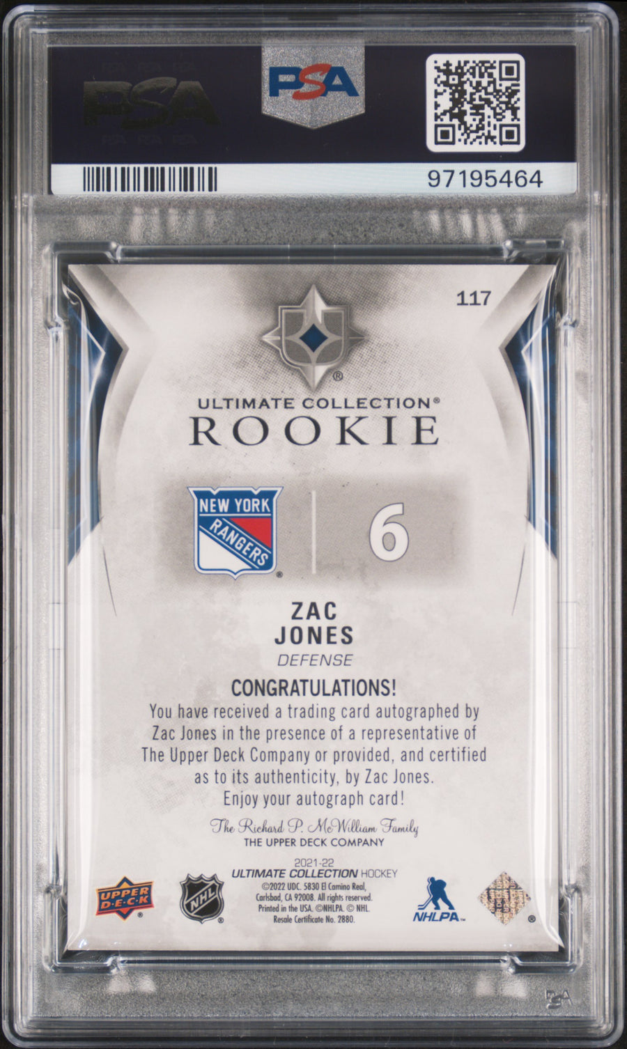 2021 Upper Deck Ultimate Collection #117 Zac Jones Rookie Autograph AUTH PSA 9 — Back