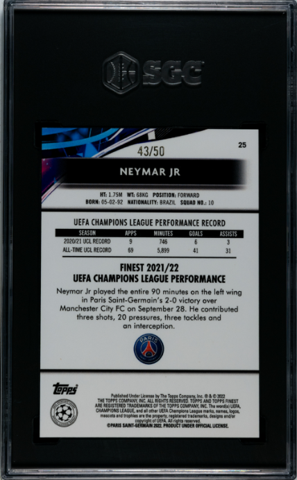 2021-22 Topps Finest UCL #25 Neymar Jr. Gold Speckle Refractor SGC 10 — Back