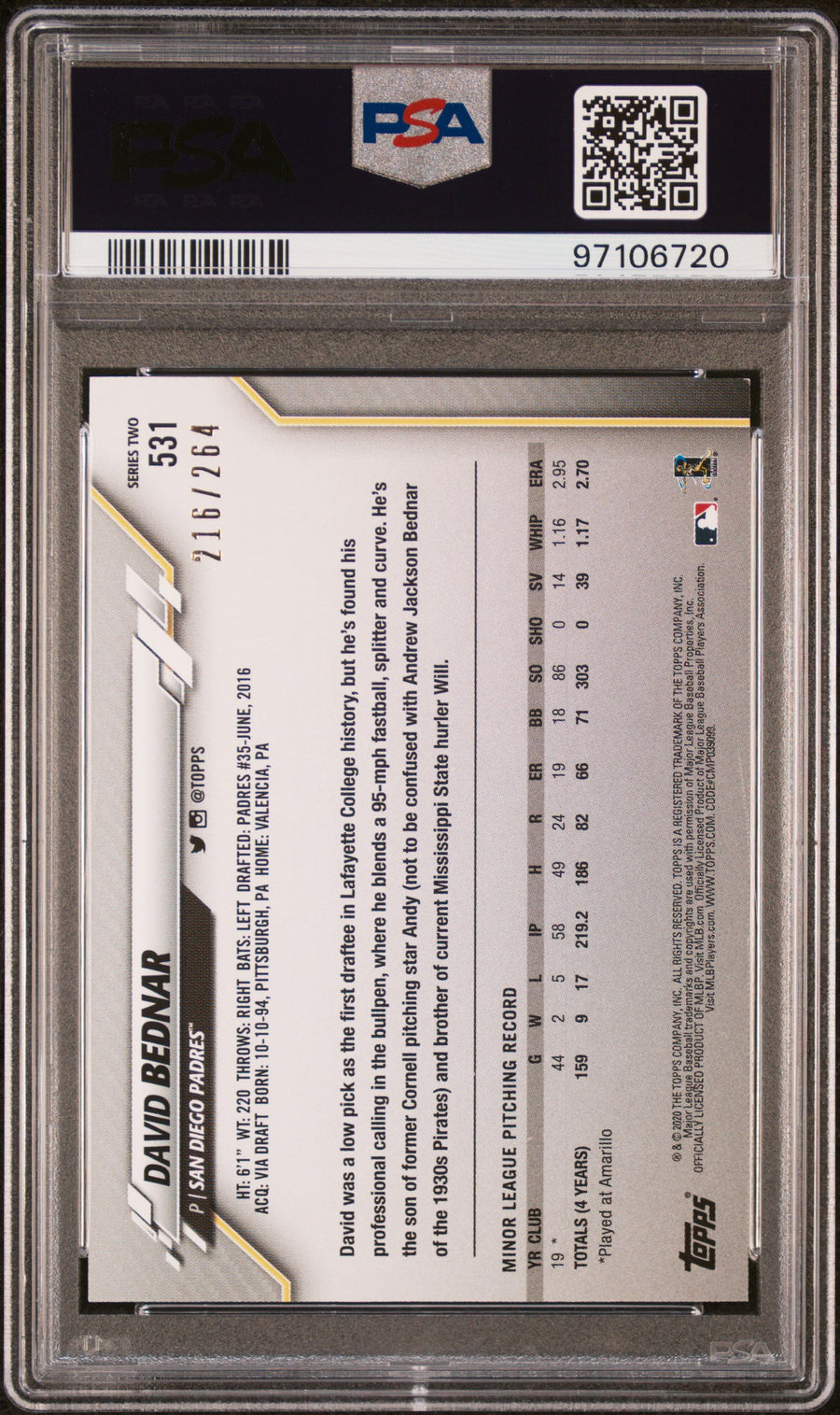 2020 Topps Complete Set #531 David Bednar Retail Foilboard RC PSA 9 — Back
