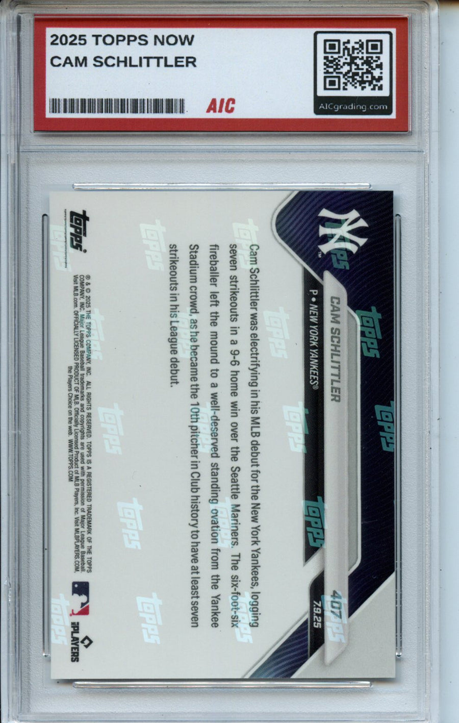 2025 Topps Now #407 Cam Schlittler AIC 10 — Back