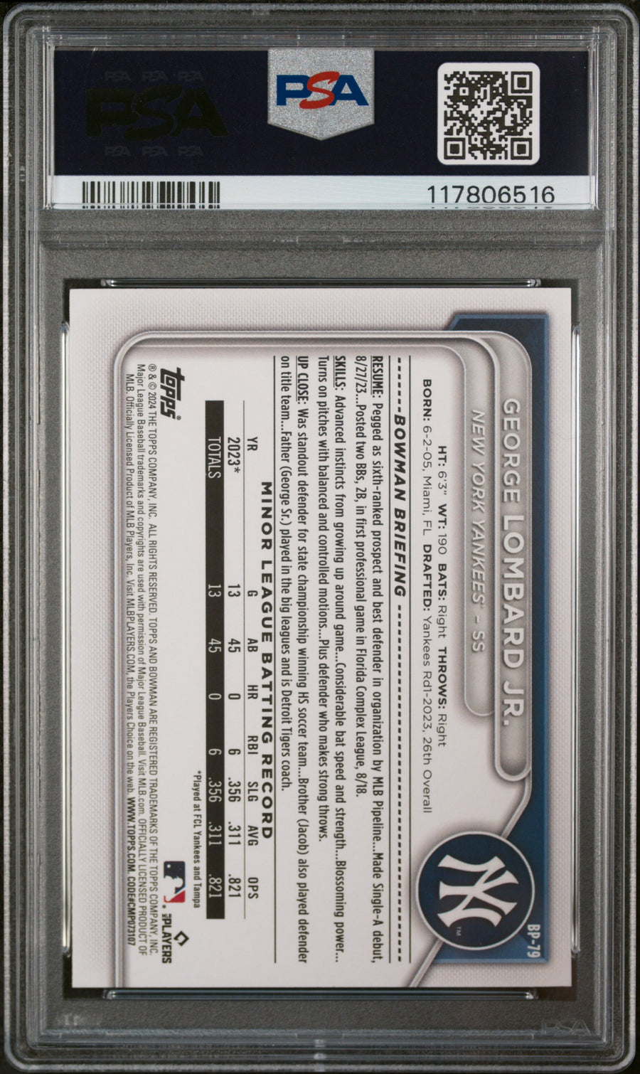 2024 Bowman Paper Prospects #BP79 George Lombard Jr. Neon Green PSA 9 — Back