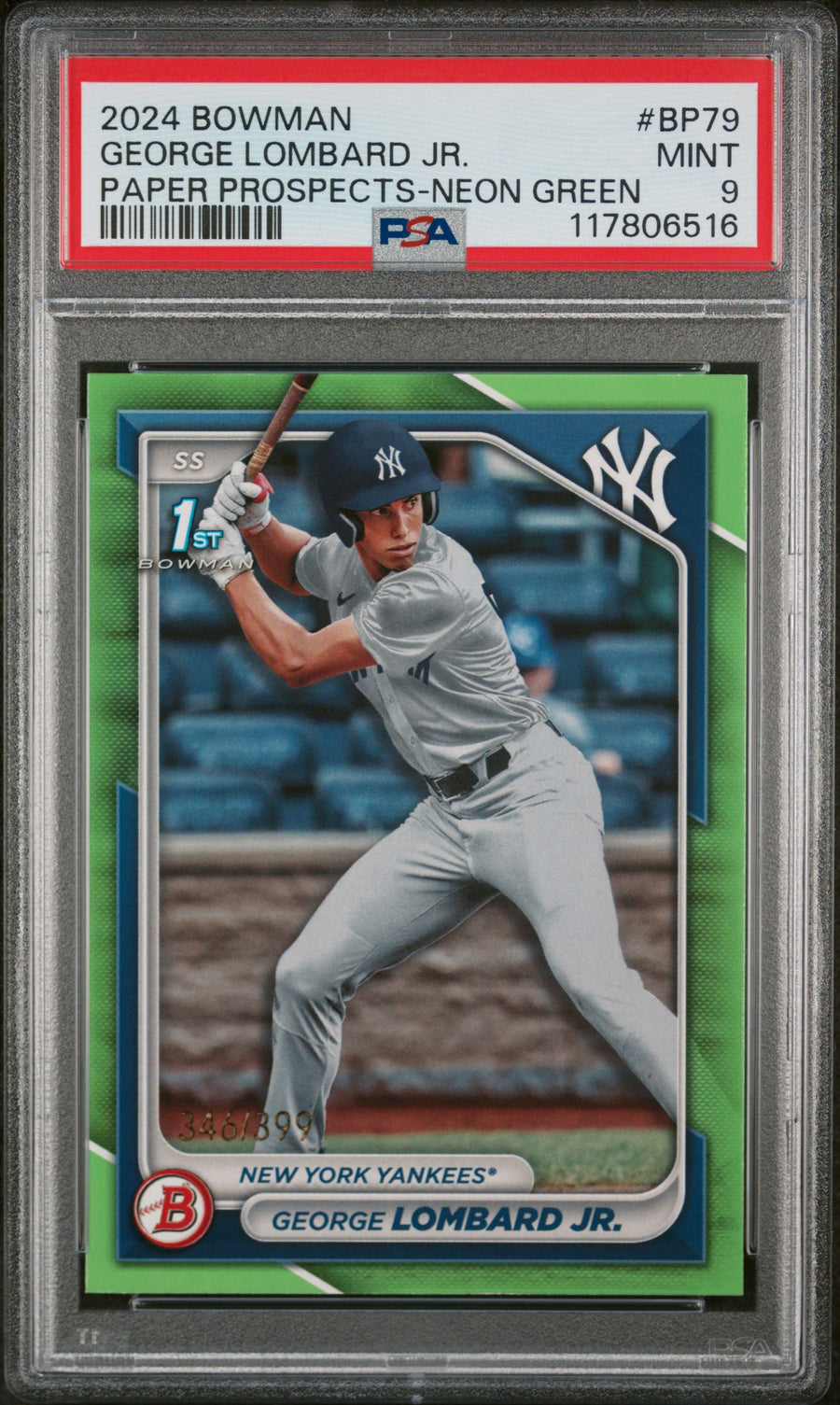 2024 Bowman Paper Prospects #BP79 George Lombard Jr. Neon Green PSA 9 — Front