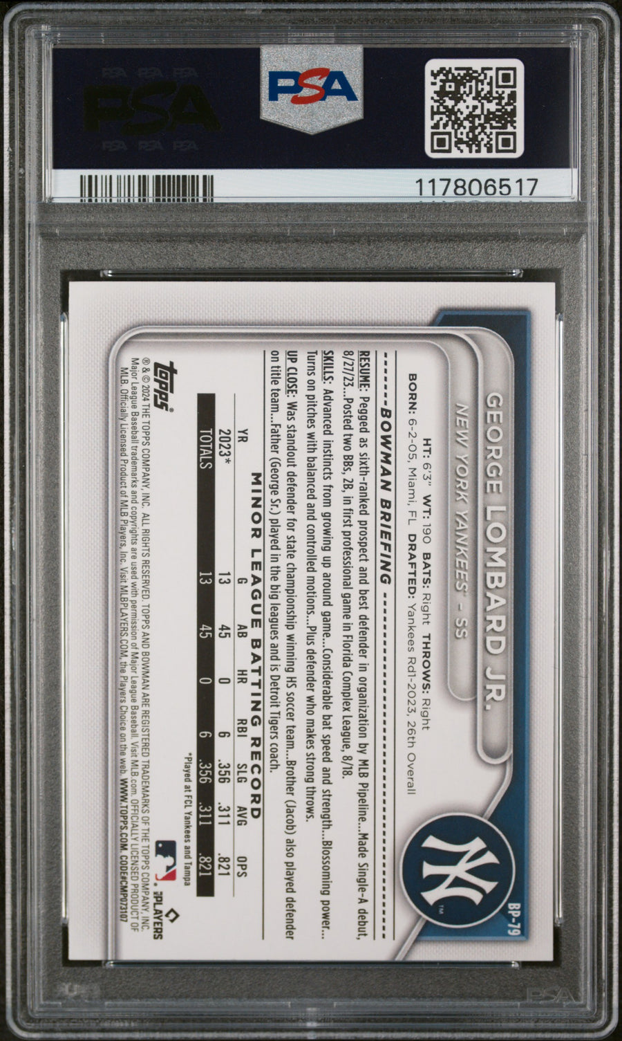 2024 Bowman Paper Prospects #BP79 George Lombard Jr. Yellow PSA 9 — Back