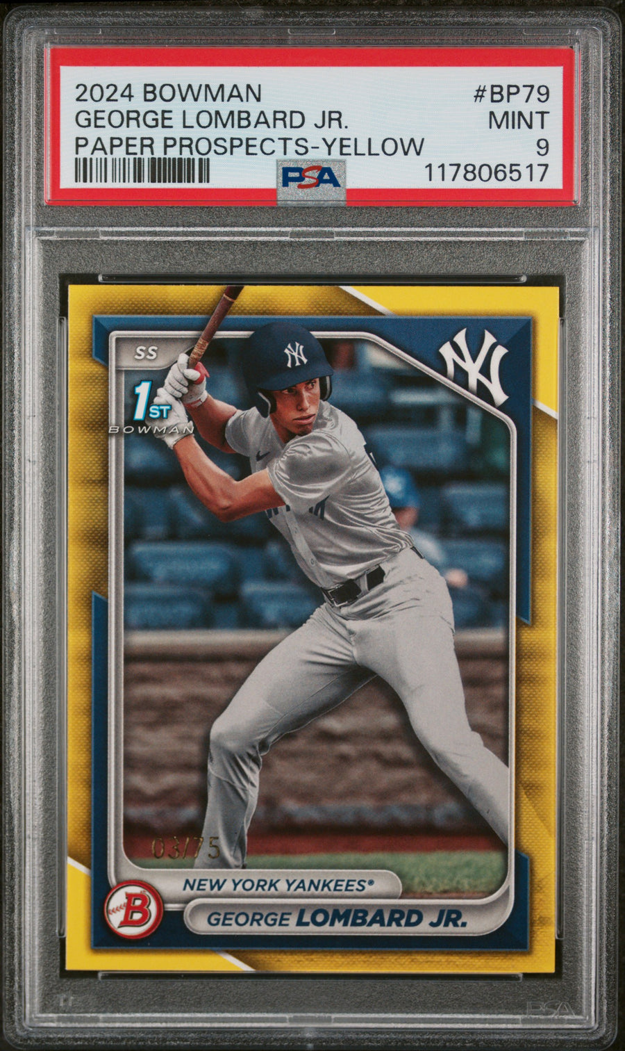 2024 Bowman Paper Prospects #BP79 George Lombard Jr. Yellow PSA 9 — Front