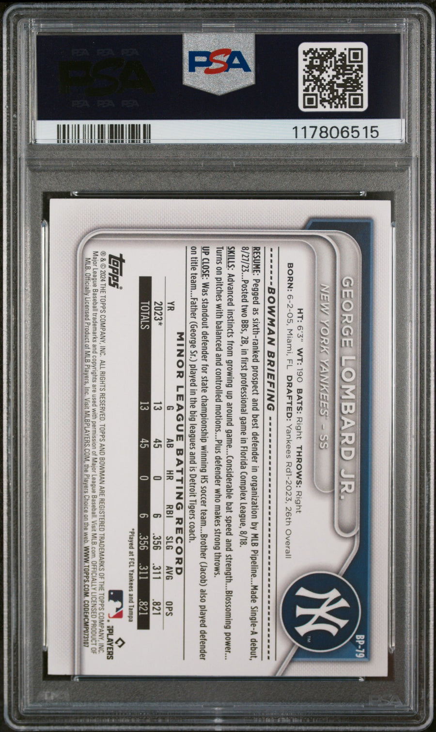2024 Bowman Paper Prospects #BP79 George Lombard Jr. Blue PSA 9 — Back