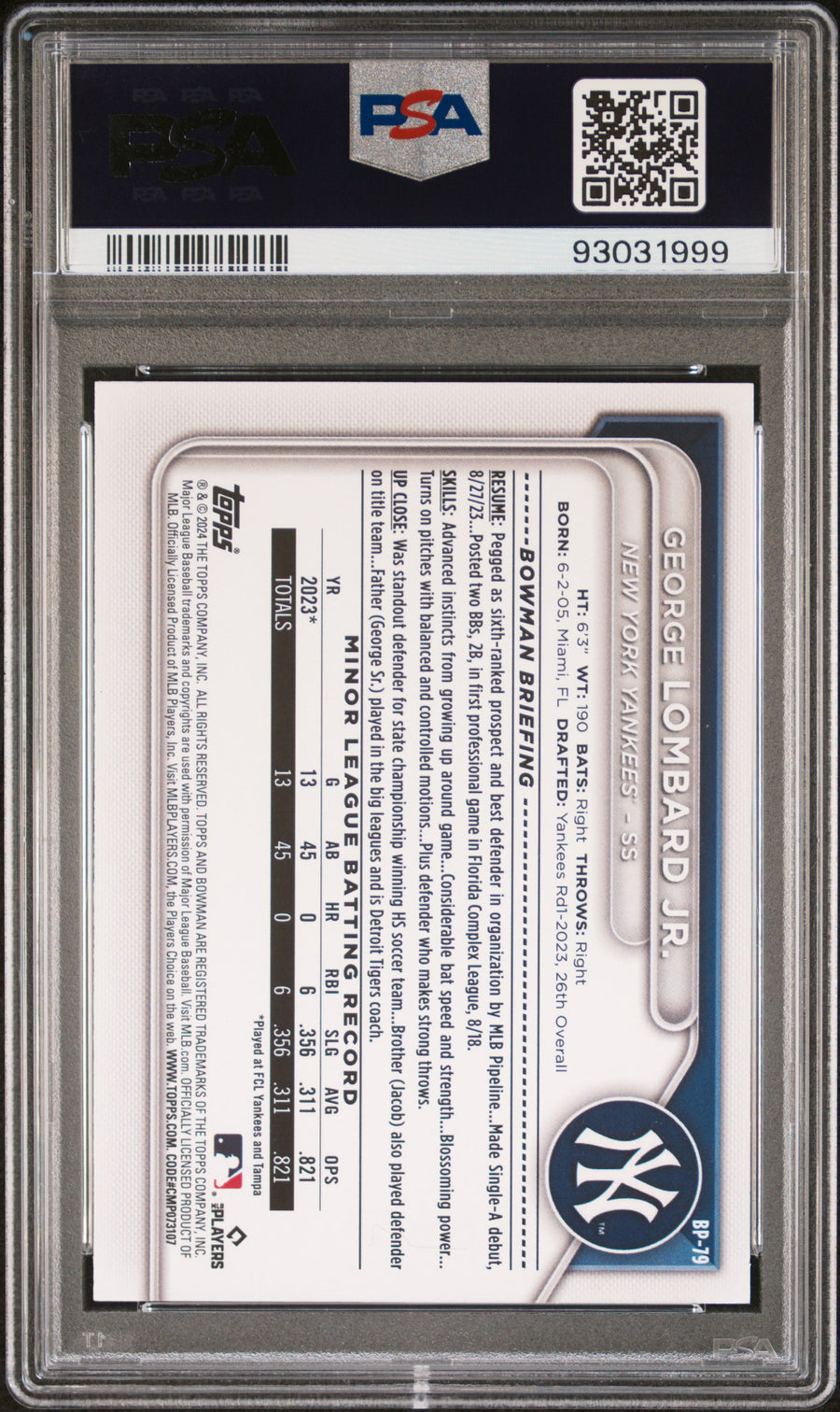 2024 Bowman Paper Prospects #BP79 George Lombard Jr. Sky Blue PSA 9 — Back