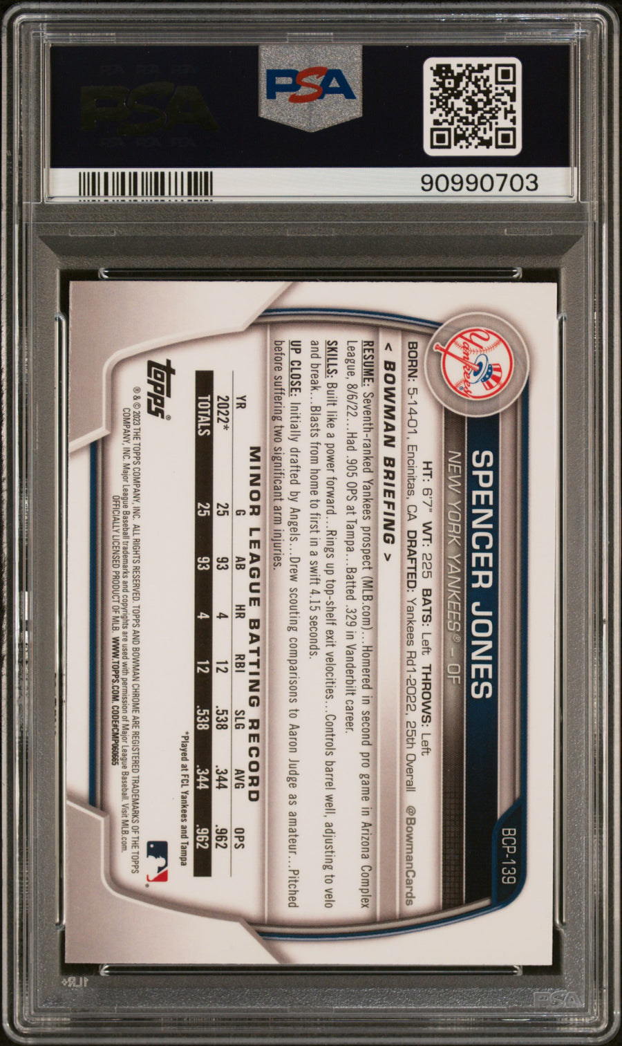 2023 Bowman Chrome Prospects #BCP139 Spencer Jones PSA 8 — Back