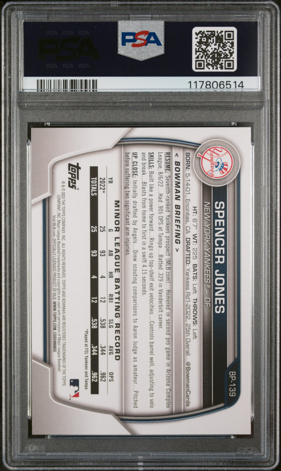 2023 Bowman Paper Prospects #BP139 Spencer Jones Orange PSA 9 — Back