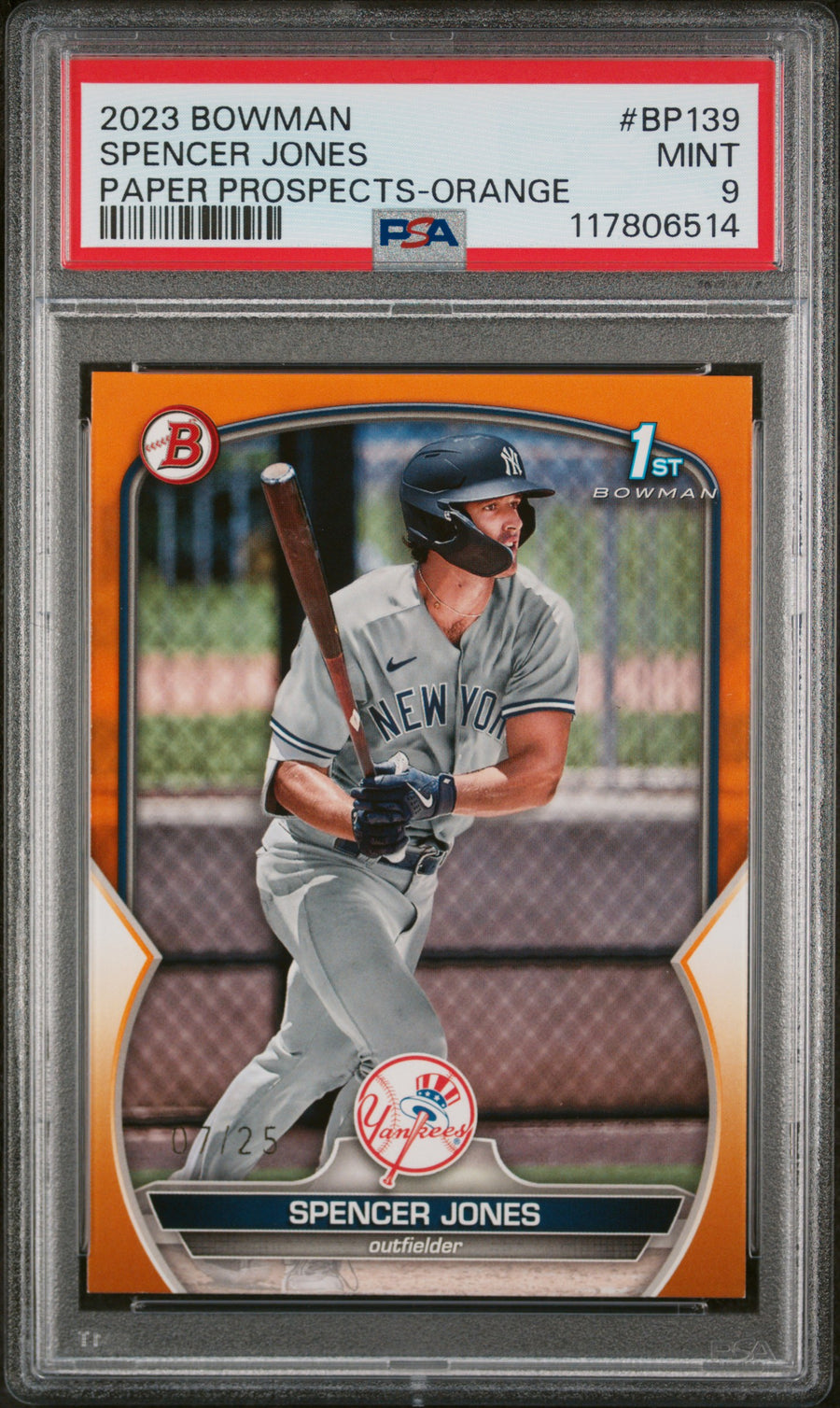 2023 Bowman Paper Prospects #BP139 Spencer Jones Orange PSA 9 — Front