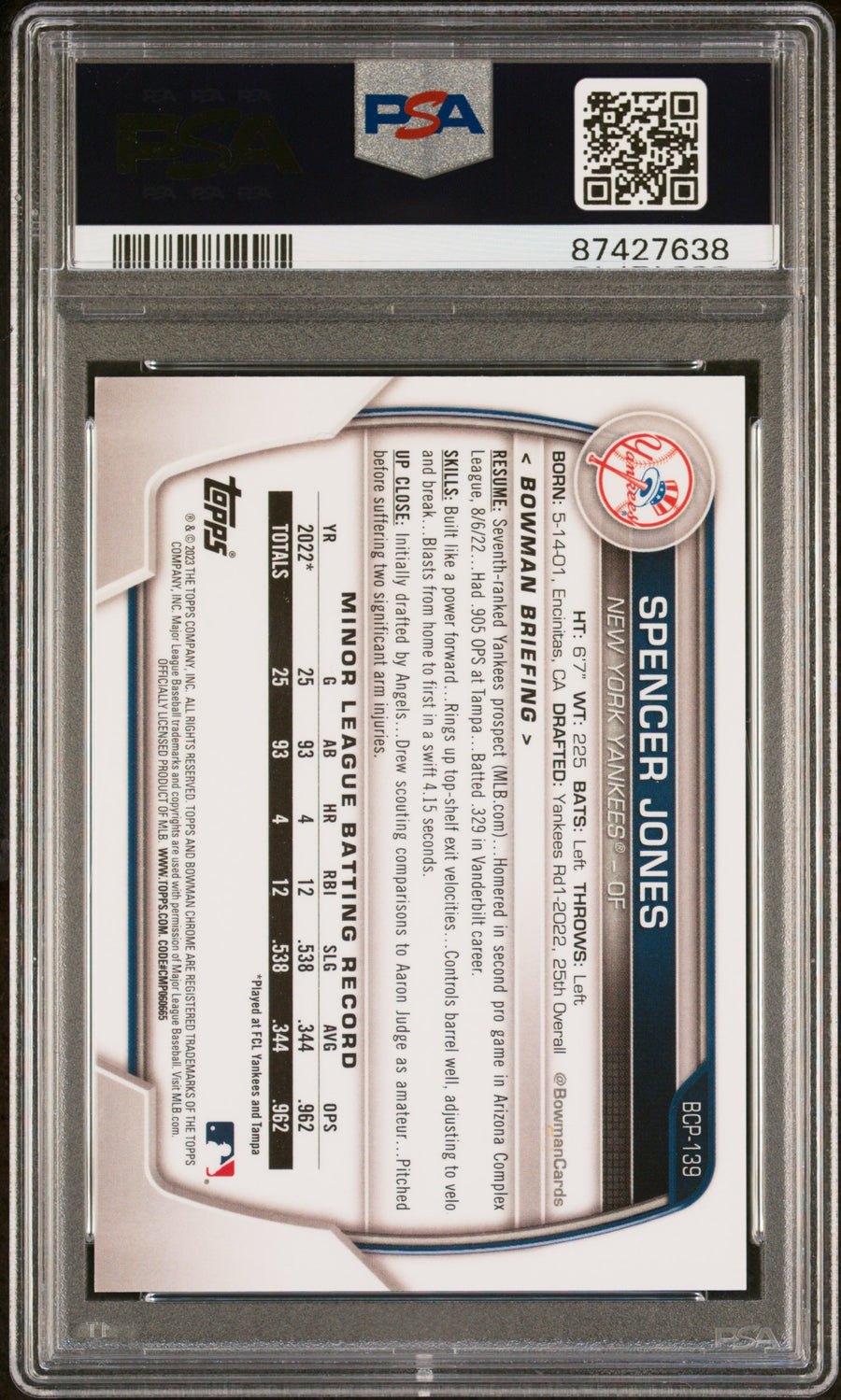 2023 Bowman Chrome Prospects #BCP139 Spencer Jones Chrome Blue Refractor PSA 9 — Back