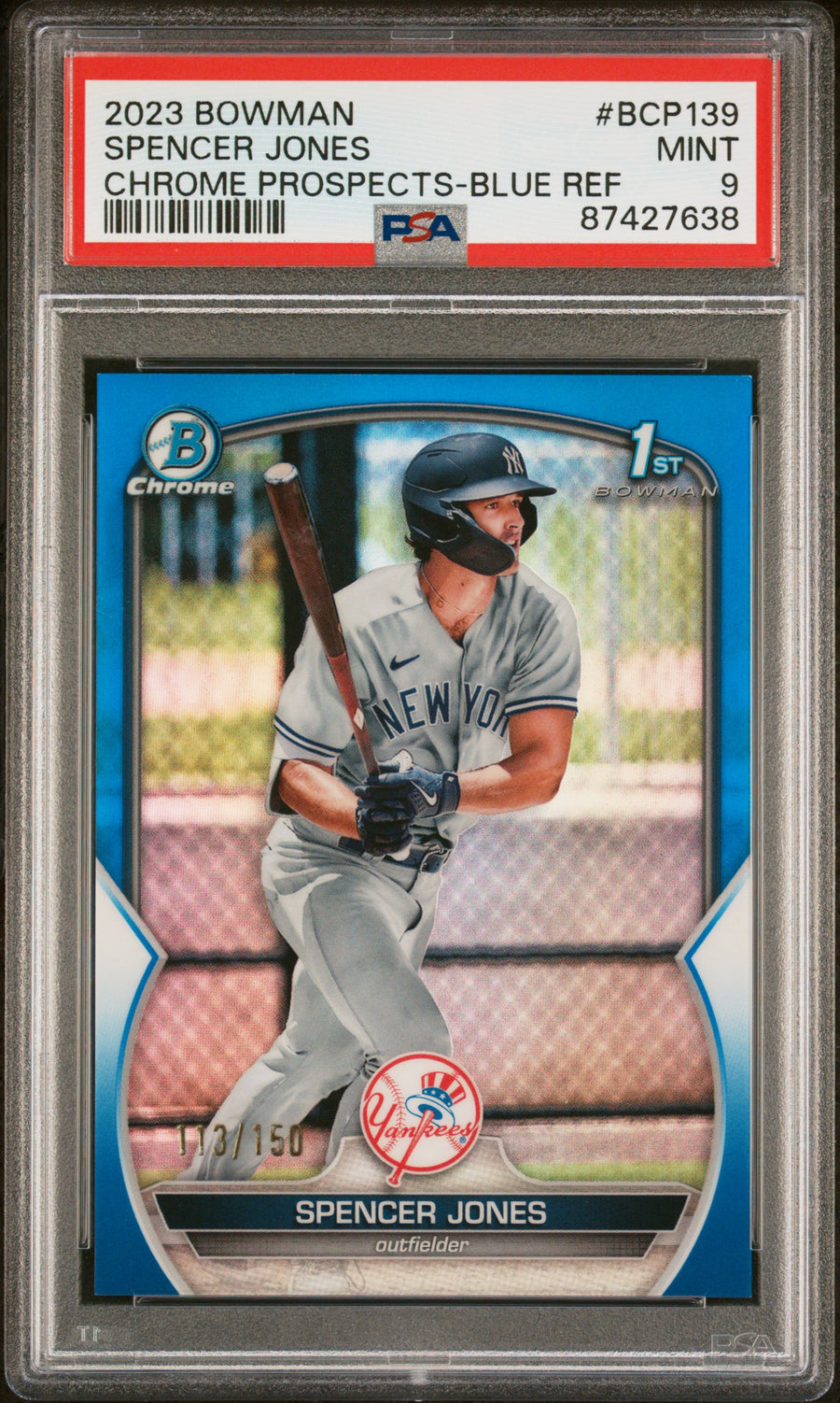 2023 Bowman Chrome Prospects #BCP139 Spencer Jones Chrome Blue Refractor PSA 9 — Front