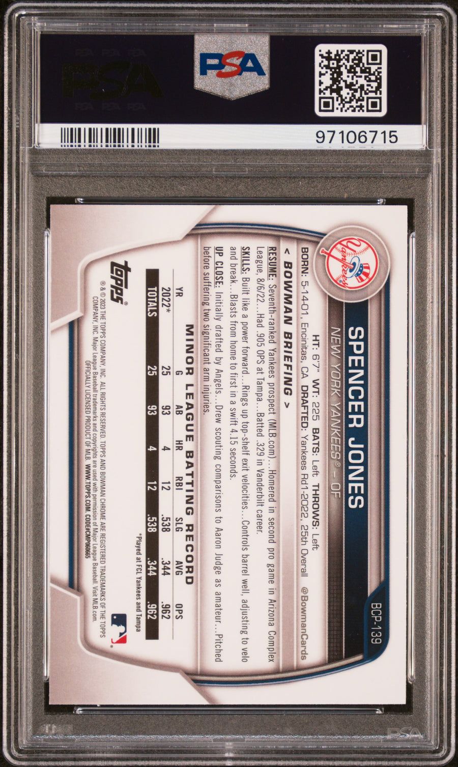 2023 Bowman Chrome Prospects #BCP139 Spencer Jones PSA 10 — Back