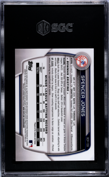 2023 Bowman Chrome Prospect #BCP-139 Spencer Jones Blue Refractor SGC 10 — Back