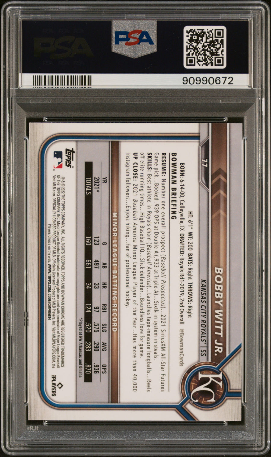 2022 Bowman Chrome #77 Bobby Witt Jr. RC PSA 9 — Back